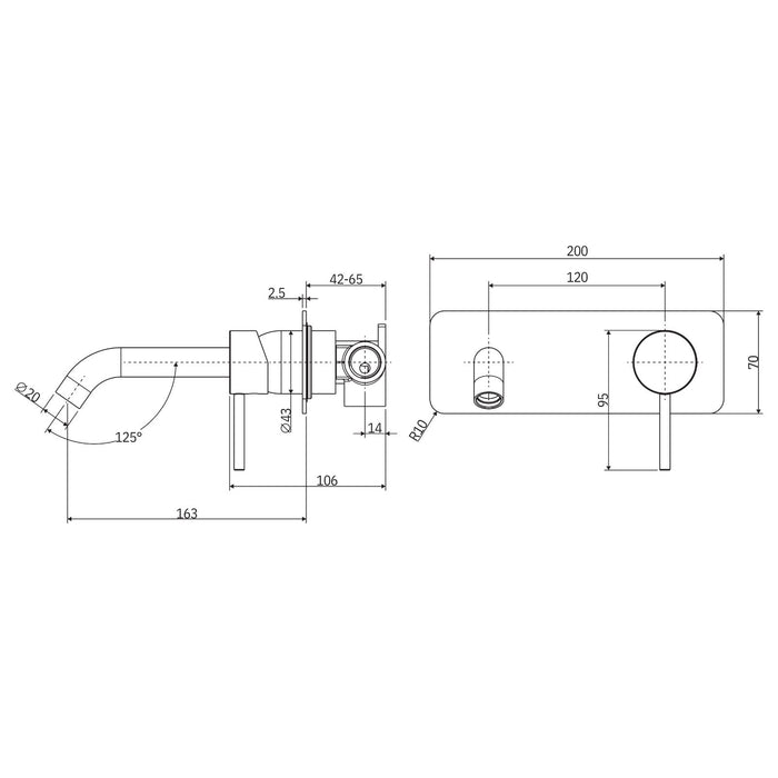 Technical Drawing Fienza Kaya Basin/Bath Wall Mixer Set Rectangular Plate 160mm Outlet Chrome 228106-LF - The Blue Space