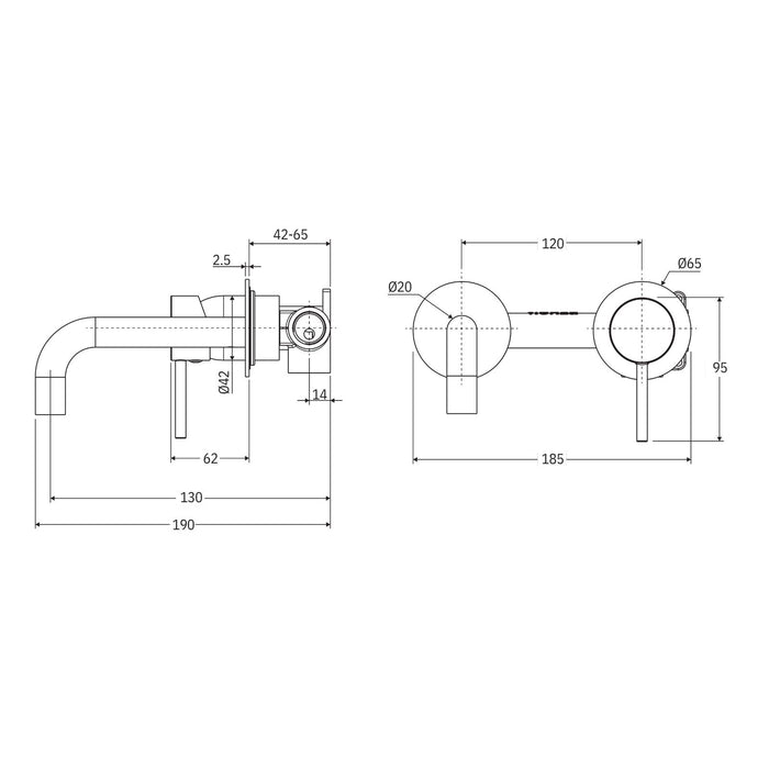 Technical Drawing Fienza Kaya Basin/Bath Wall Mixer Set Round Plates 130mm Outlet Gun Metal 228104GM-130-LF - The Blue Space
