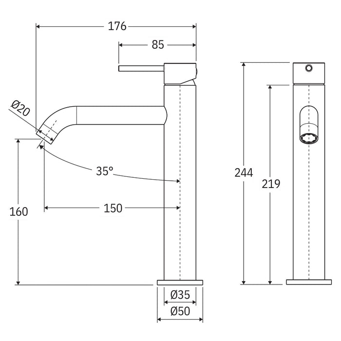 Technical Drawing Fienza Kaya Medium Basin Mixer Brushed Copper 228110CO-LF - The Blue Space