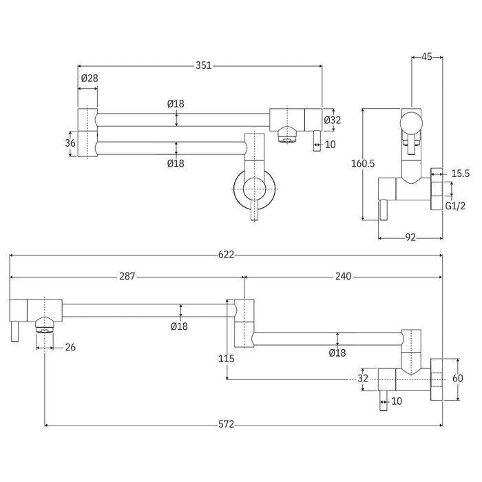 Technical Drawing Fienza Kaya Pot Filler Wall Mixer Matte Black 228120B-LF - The Blue Space