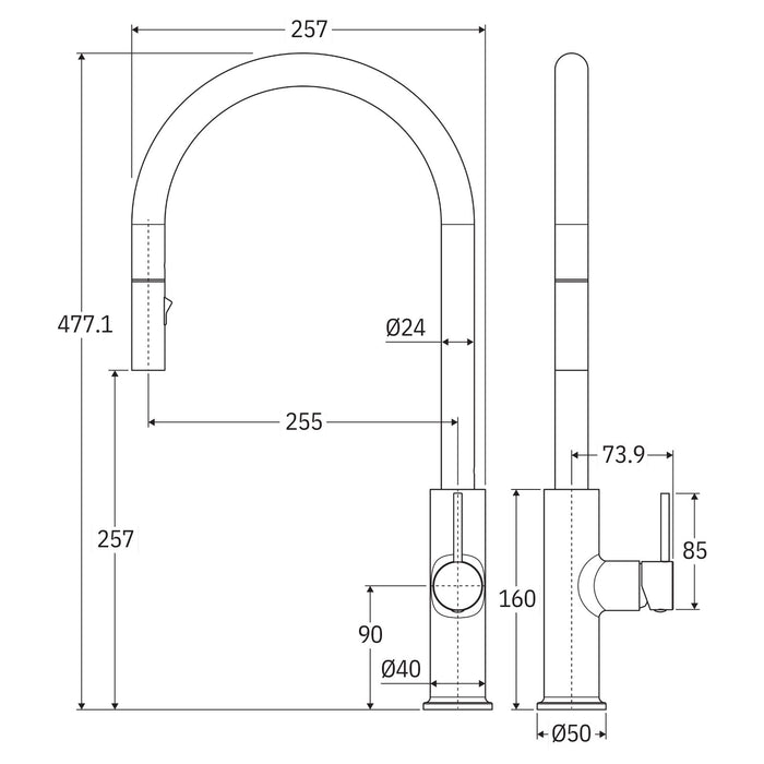 Technical Drawing Fienza Kaya Pull Out Sink Mixer Matte Black 228108B-LF - The Blue Space