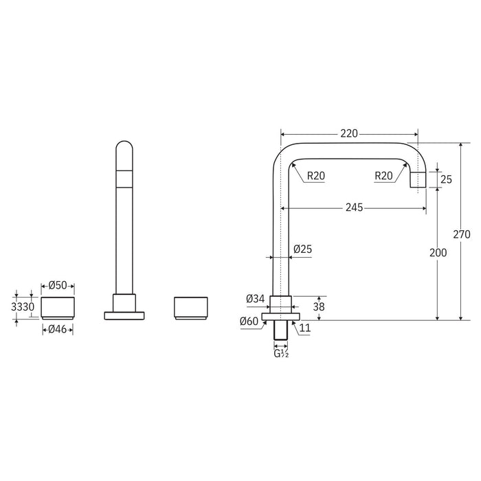Technical Drawing Fienza Kaya Round Taps Squareline Hob Outlet Set Gun Metal 338106GM-LF - The Blue Space