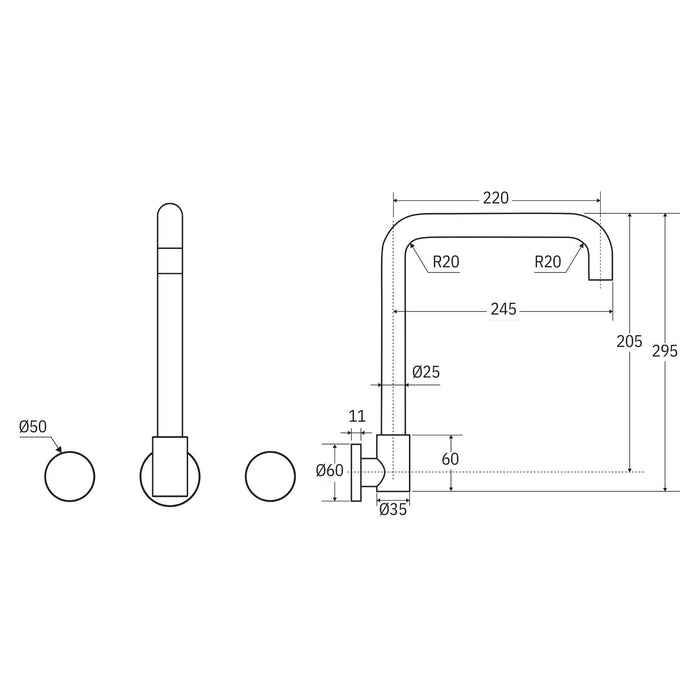 Technical Drawing Fienza Kaya Round Taps Squareline Wall Outlet Set Brushed Copper 338105CO-LF - The Blue Space