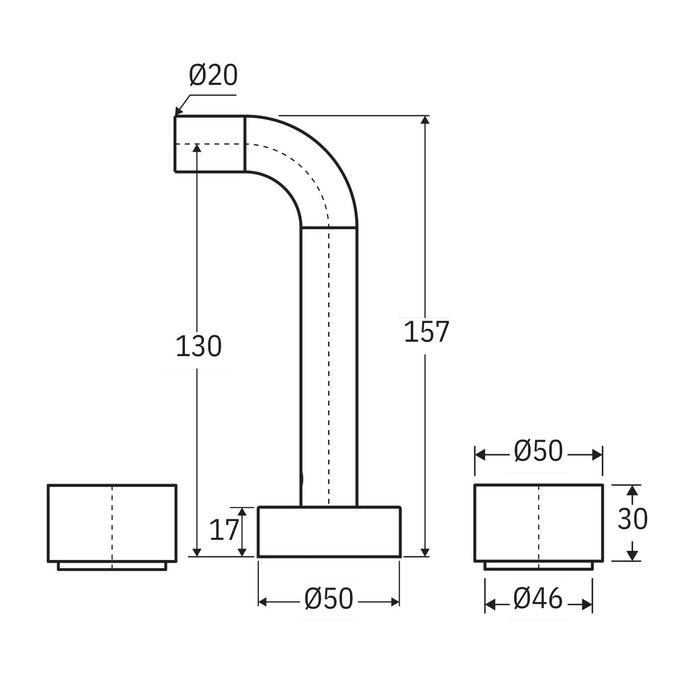 Technical Drawing Fienza Kaya Round Taps Wall Basin/Bath 130mm Outlet Set Gun Metal 338102GM-130-LF - The Blue Space