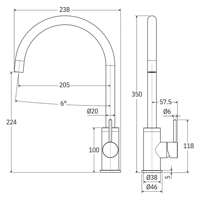 Technical Drawing Fienza Kaya Sink Mixer Chrome 228105-LF - The Blue Space