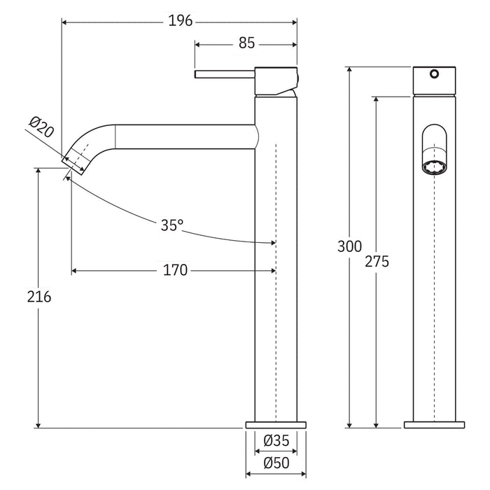 Technical Drawing Fienza Kaya Tall Basin Mixer Brushed Copper 228107CO-LF - The Blue Space