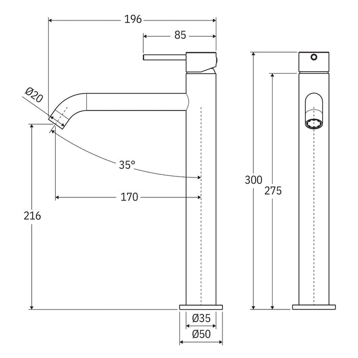 Technical Drawing Fienza Kaya Tall Basin Mixer Chrome 228107-LF - The Blue Space