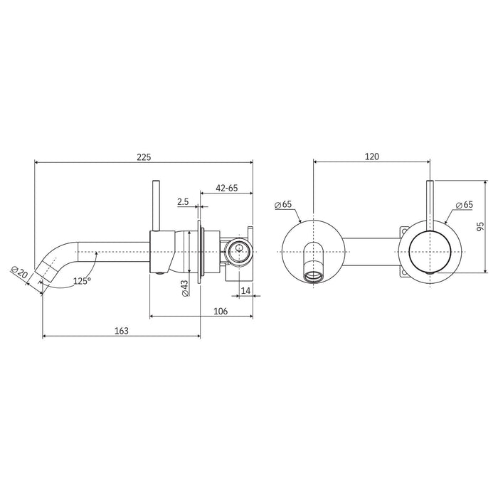 Technical Drawing Fienza Kaya Up Basin/Bath Wall Mixer Set Round Plates 160mm Outlet Brushed Nickel 228118BN-LF - The Blue Space