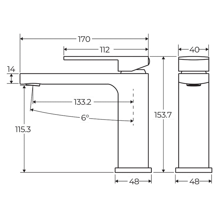 Technical Drawing Fienza Tono Basin Mixer Brushed Nickel 233103BN-LF - The Blue Space