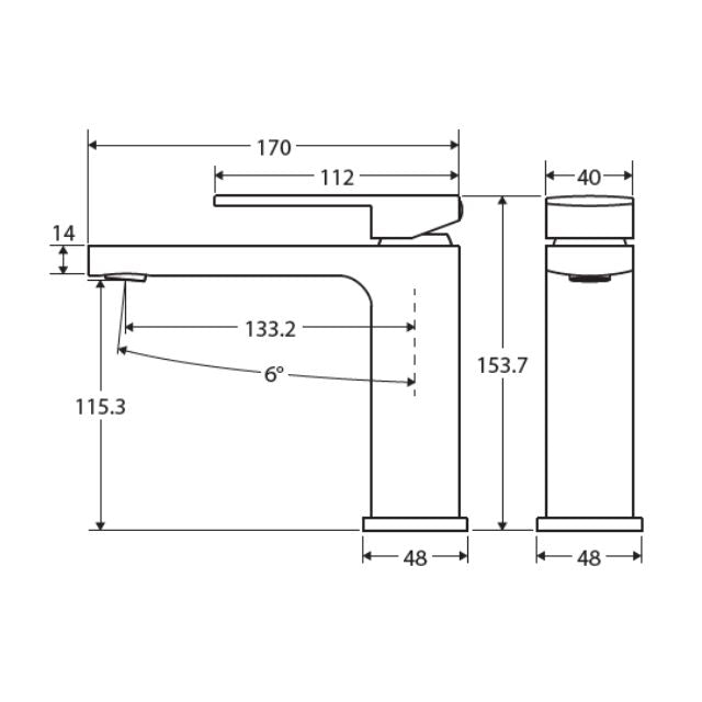 Technical Drawing Fienza Tono Basin Mixer Gun Metal 233103GM - The Blue Space