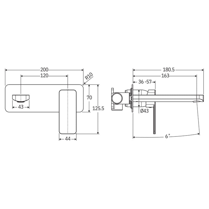 Technical Drawing Fienza Tono Basin/Bath Wall Mixer Set 160mm Outlet Large Rectangular Plate Chrome 233106-LF - The Blue Space