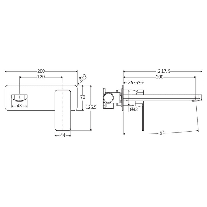 Technical Drawing Fienza Tono Basin/Bath Wall Mixer Set 200mm Outlet Large Rectangular Plate Brushed Nickel 233106BN-200-LF - The Blue Space