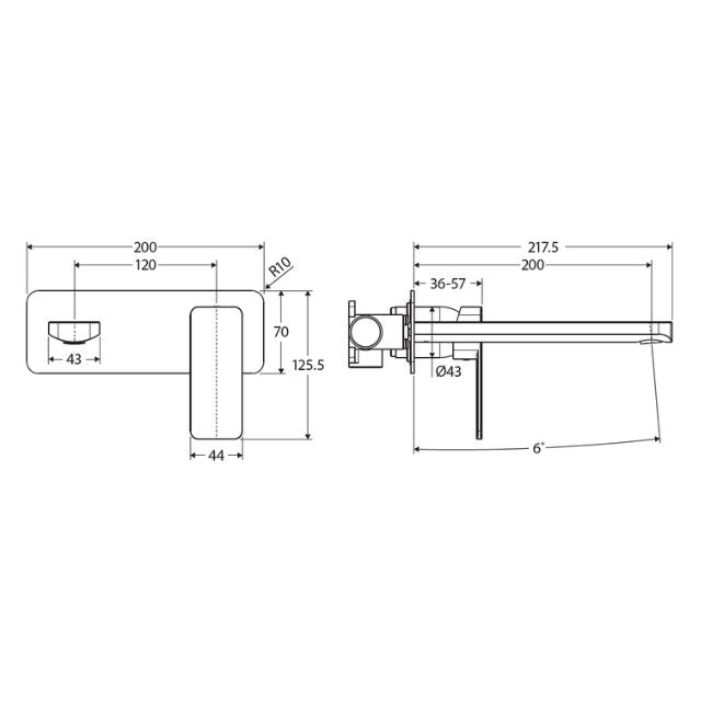 Technical Drawing Fienza Tono Basin/Bath Wall Mixer 200mm Outlet Set Large Square Plates Urban Brass 233106UB-200 - The Blue Space