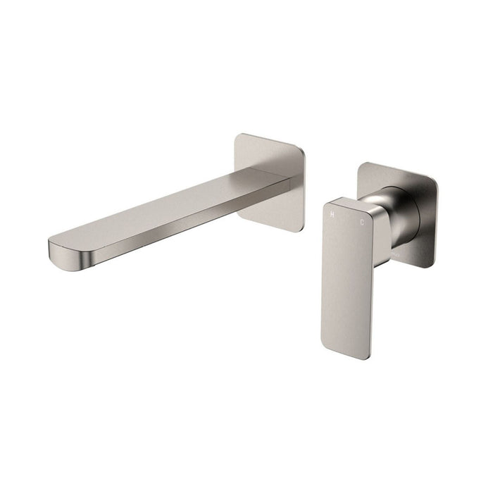 Fienza Tono Basin/Bath Wall Mixer Set 200mm Outlet Small Square Plates Brushed Nickel 233104BN-200-LF - The Blue Space