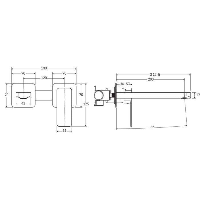 Technical Drawing Fienza Tono Basin/Bath Wall Mixer Set 200mm Outlet Small Square Plates Brushed Nickel 233104BN-200-LF - The Blue Space