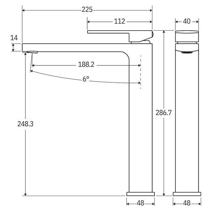 Technical Drawing Fienza Tono Tall Basin Mixer Matte Black 233107B-LF - The Blue Space
