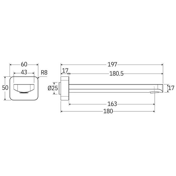 Technical Drawing Fienza Tono Wall Basin/Bath 180mm Outlet Gun Metal 233115GM-LF - The Blue Space