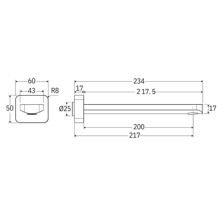 Technical Drawing Fienza Tono Wall Basin/Bath 220mm Outlet Chrome 233116-LF - The Blue Space