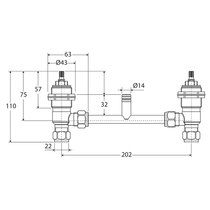 Technical Drawing Fienza Universal Hob Tap Hot/Cold Breech Set 230026-LF - The Blue Space