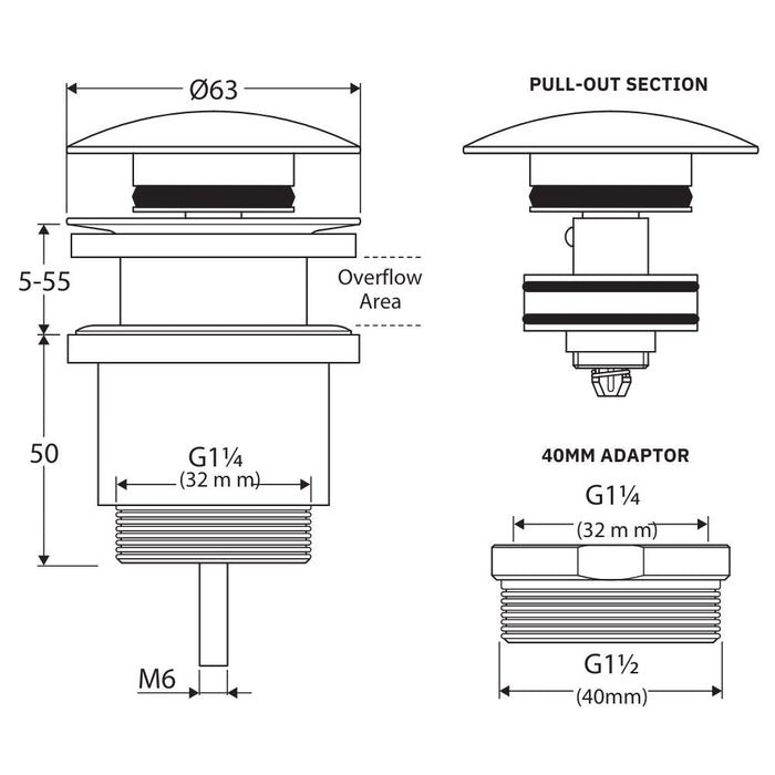 Technical Drawing Fienza Universal Pop-Up / Pull-Out Basin Waste Tuscan Concrete WAS72TU - The Blue Space
