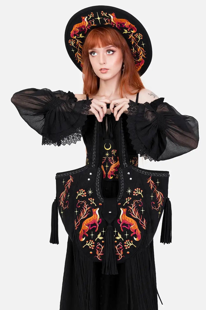 witchy hobo goth embroidered fox shoulder bag