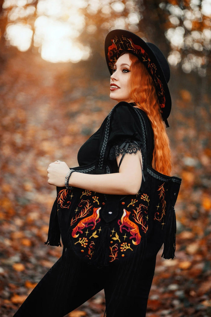 whimsical nature inspired embroidered fox, moon, and leaf shoulder bag purse by restyle