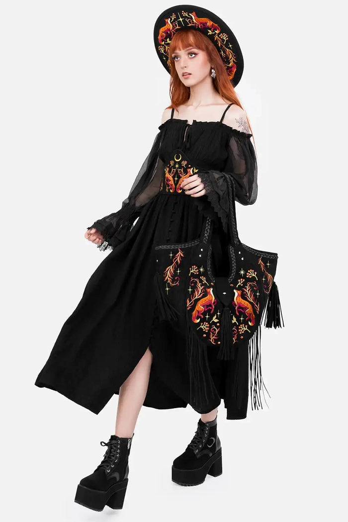 large oversized novelty embroidered fox, moon, and leaf shoulder bag