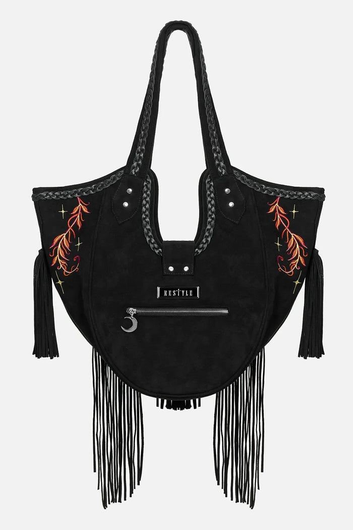 whimsical embroidered fox, moon, and leaf shoulder bag