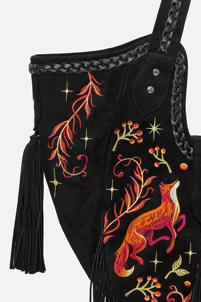 nature goth embroidered fox shoulder bag by restyle with fringe and tassels