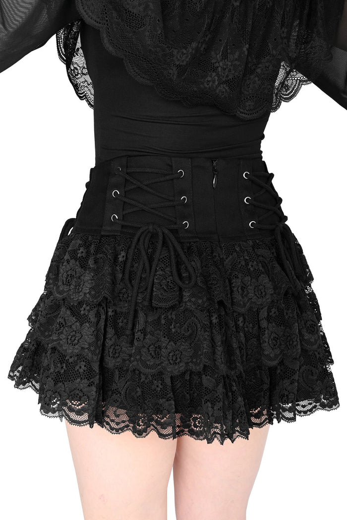 Black lace skirt with a fitted waistband on a white background