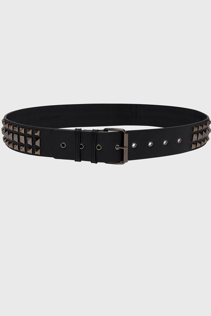 Black studded belt on a light gray background