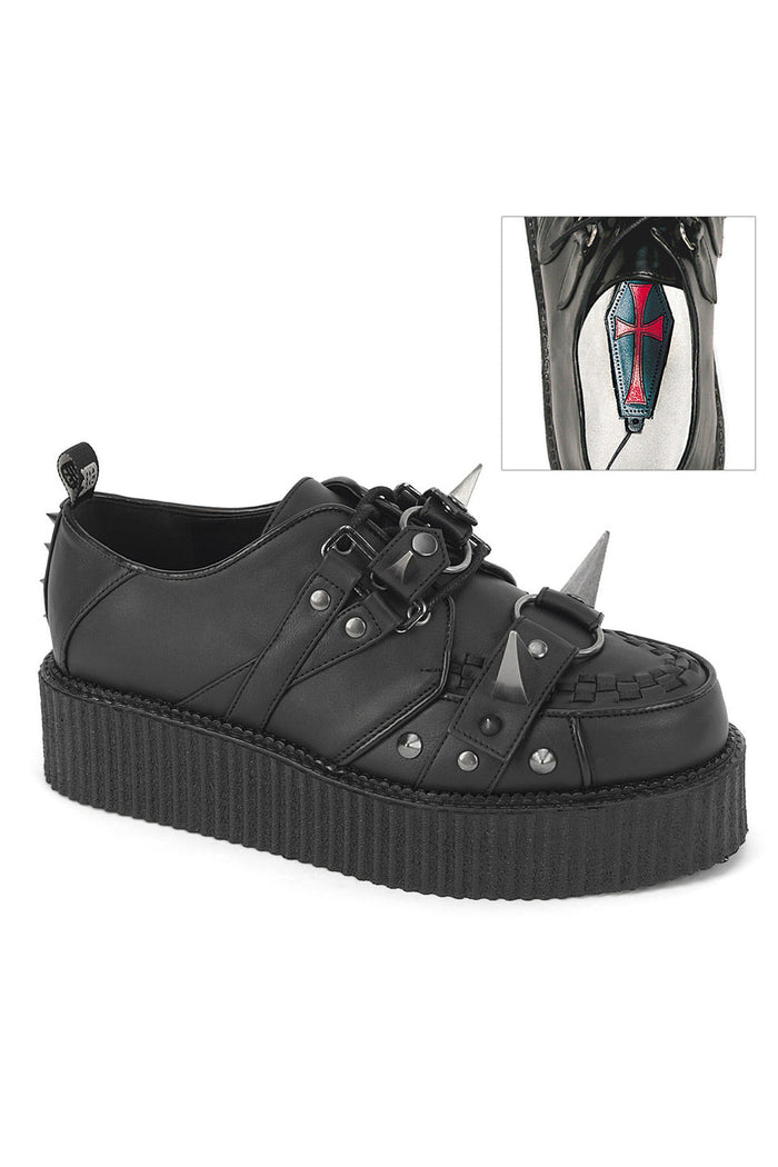 spiked platform creepers for men by demonia made of vegan leather