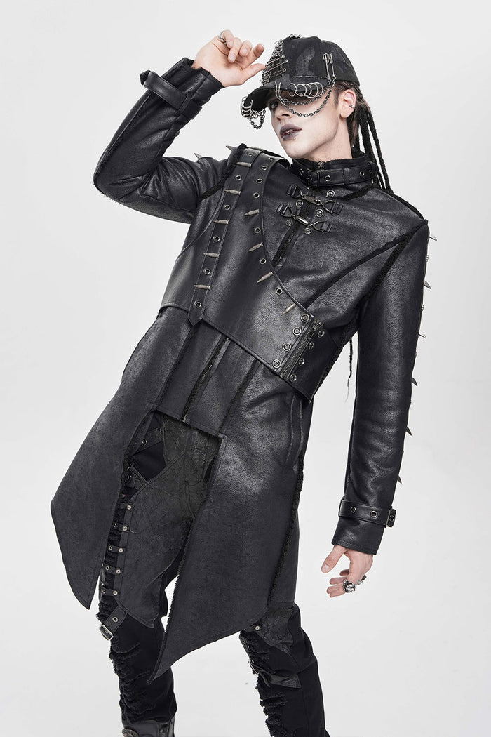 Spiked asymmetrical mens long coat