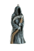 Grim Reaper figurine xmas ornament holding a scythe on a white background