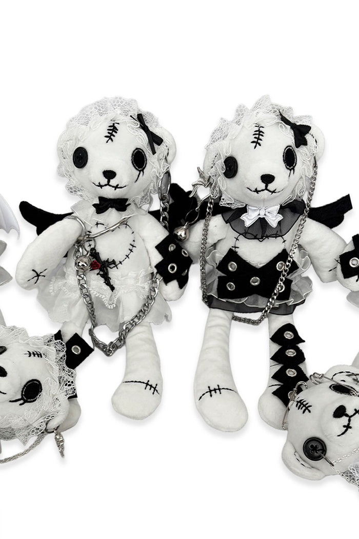 Goth toy plush stitched teddy bear with ruffle and bow details