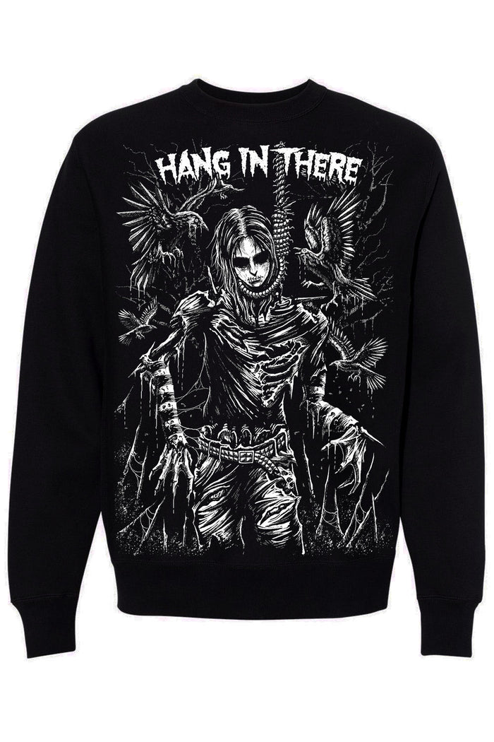 A black crewneck sweatshirt featuring a large white graphic print of a skeletal figure with wings and the text 'HANG IN THERE' across the chest, shown against a plain white background.