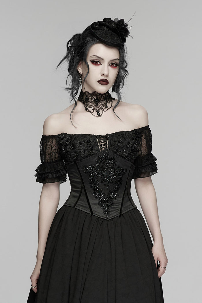 black beaded womens underbust satin corset