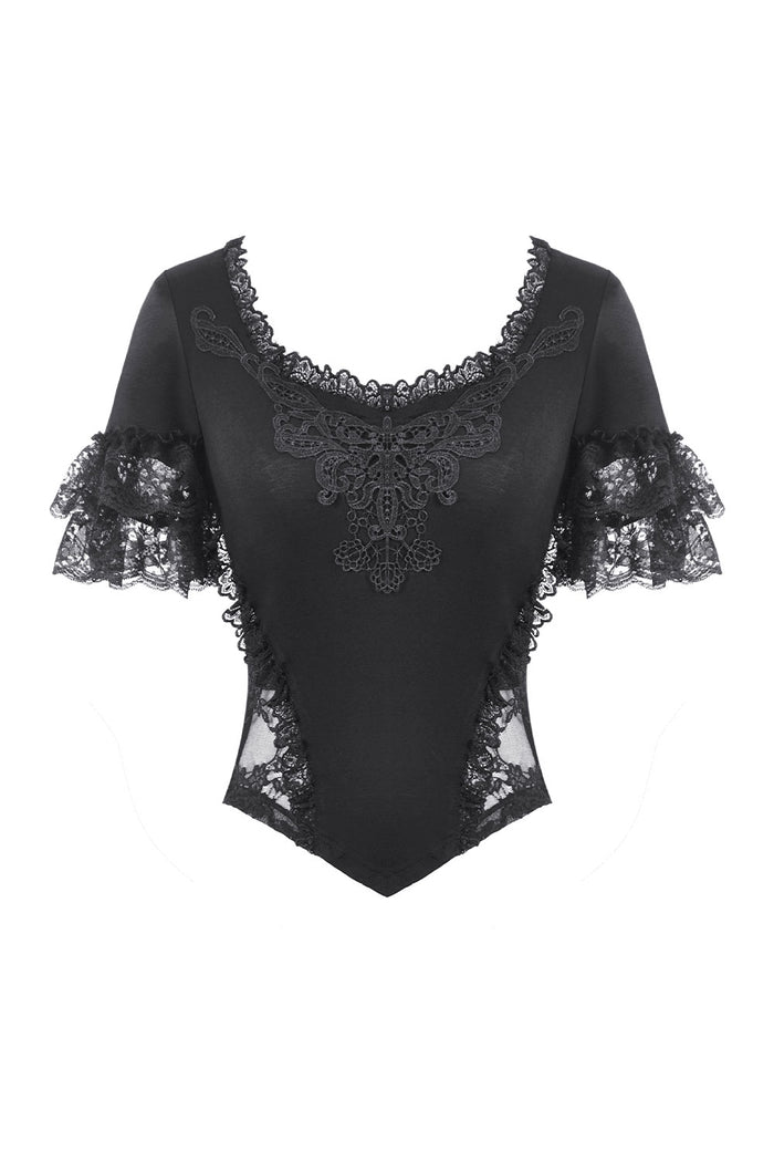 Embroidered and layered lace black top for women