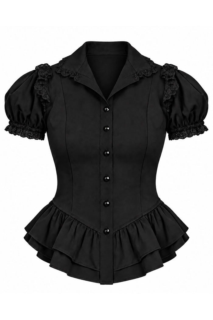 A black gothic-style short-sleeve blouse with a structured corset bodice, ruffled peplum hem, and lace-trimmed puff sleeves, shown against a plain white background.