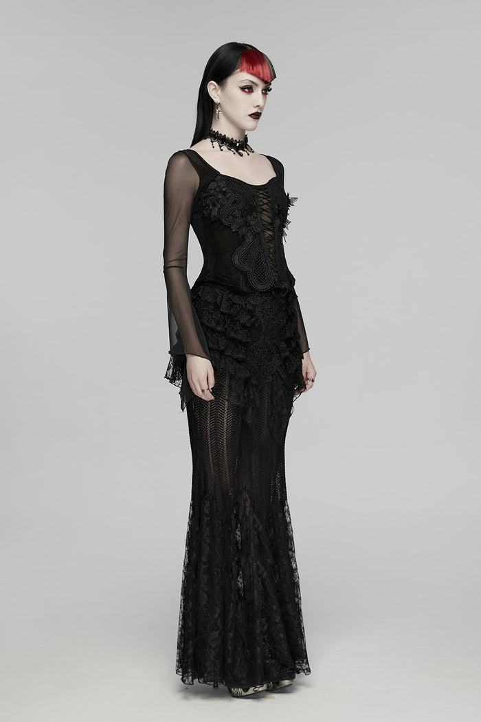 gothic long sleeve lace top with flared mesh sleeves