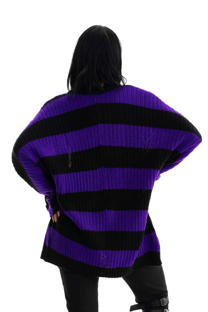 knitted black and dark purple striped cardigan