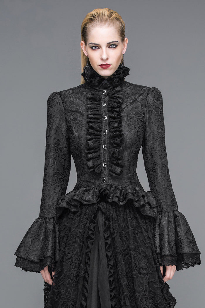 high ruffle collar corset top with ruffles and flared witchy sleeves
