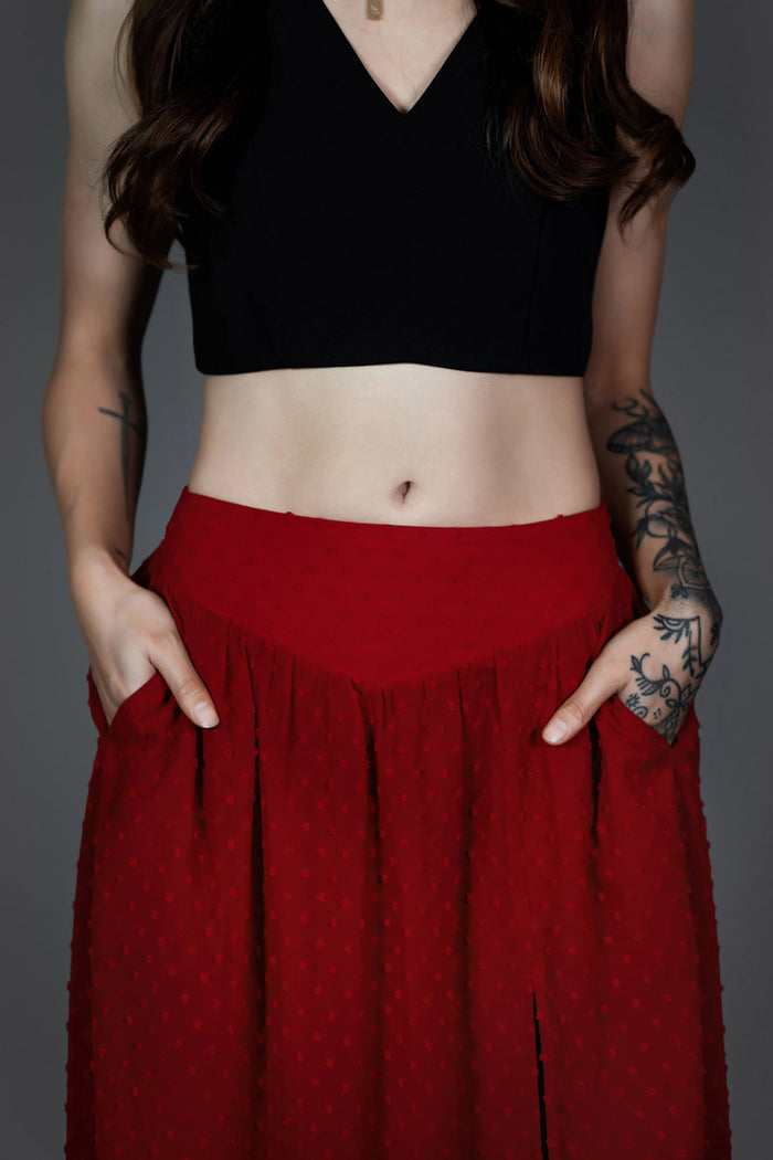flowy red high-waisted skirt