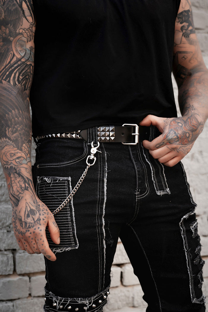 genuine authentic leather gunmetal grey pyramid studded belt