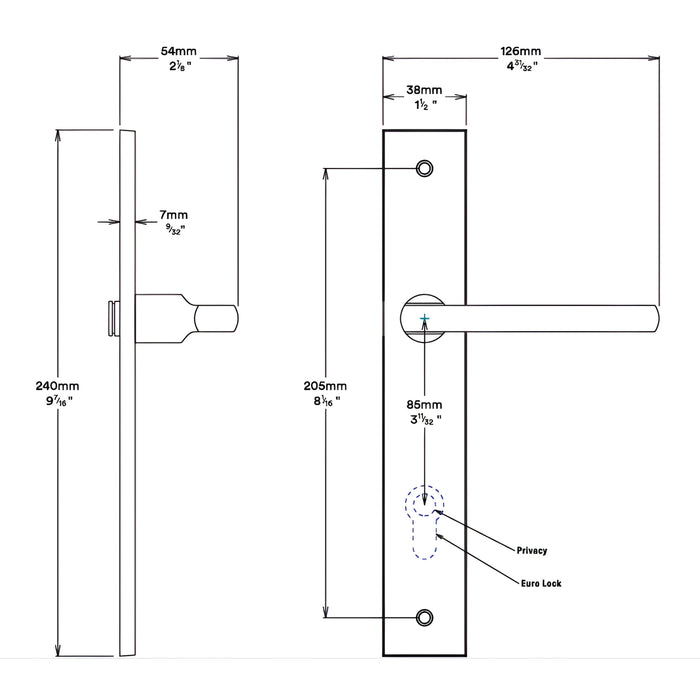 Line Drawing Iver Baltimore Lever Rectangular Backplate Entrance Kit with High Security Lock Signature Brass 10702KENTR60KT - The Blue Space