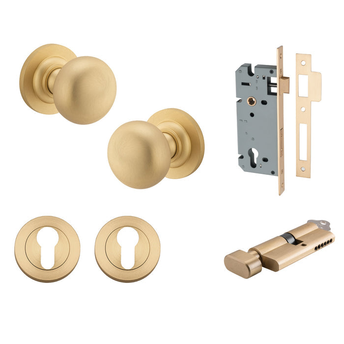 Iver Cambridge Knob Round Rose Entrance Kit with Separate High Security Lock Brushed Brass 0252KENTR60KT - The Blue Space