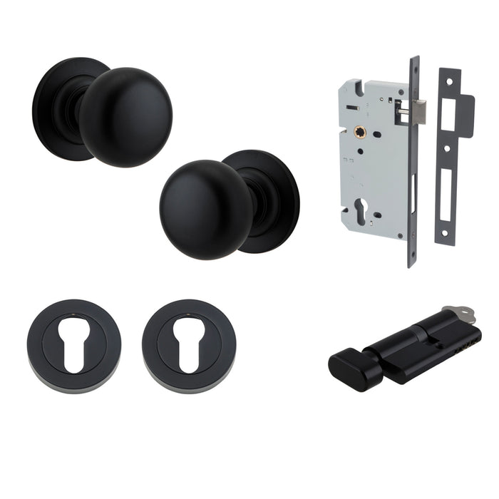 Iver Cambridge Knob Round Rose Entrance Kit with Separate High Security Lock Matte Black  0203KENTR60KT - The Blue Space