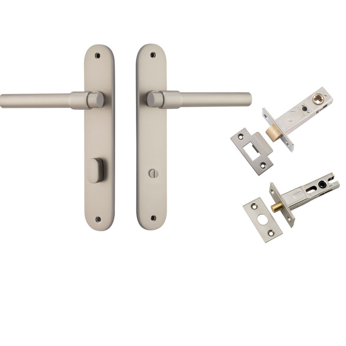 Iver Helsinki Lever Oval Backplate Privacy Kit with Privacy Turn Satin Nickel 14900KPRIV60 - The Blue Space