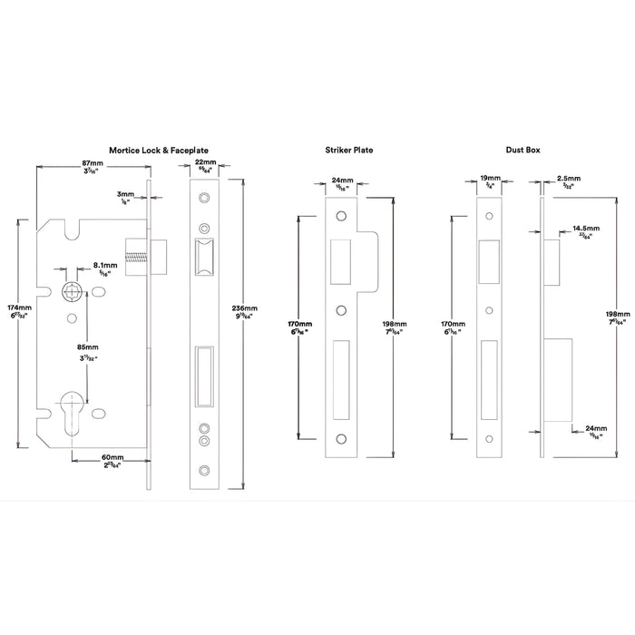 Mortice Lock Iver Osaka Lever Rectangular Backplate Entrance Kit with High Security Lock Matte Black  12860KENTR60KT - The Blue Space