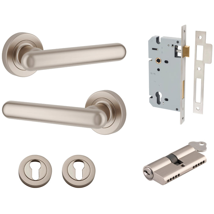 Iver Puerto Lever Round Rose Entrance Kit with Separate High Security Lock Key/Key Satin Nickel 24005KENTR60KK - The Blue Space